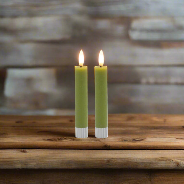 #201004 Realistic Short Sage Green Flameless Taper Candle - Set of 2