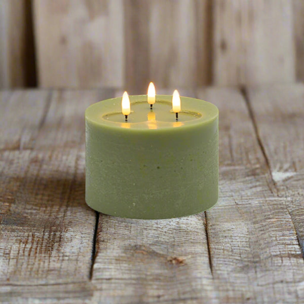 #201040 Realistic Short Sage Green Flameless 3-Wick "Melt Effect" Candle