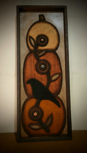 T-WH8 One Of A Kind Folk Art "Pumpkin Stack & Crow" Picture  MADE IN THE USA!