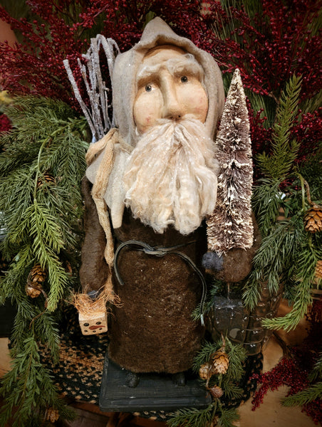 #HOLSAN2 Primitive Handmade Clay Face & Wool Santa