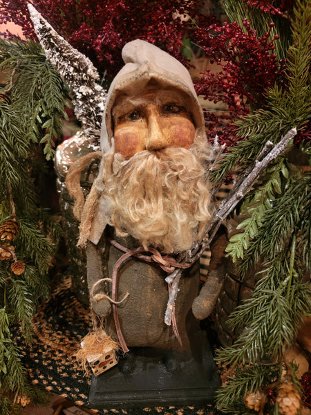 #HOLMDS9 Primitive Handmade Clay Face & Wool Santa