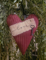 #BHDOR212S  Primitive Red & Tan Ticking Fabric Stuffed Hanging Heart ❤️