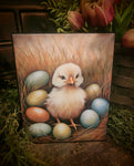 #HGC1083 Primitive Chick With Eggs Spring Canvas Print 8x10