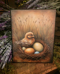 #HGC1091 Primitive Baby Bird With Eggs Spring Canvas Print 8x10