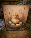 #HGC1085 Primitive Chick With Eggs In Nest Spring Canvas Print 8x10