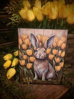 #HGC1118 Primitive Rabbit & Yellow Tulips Spring Canvas Print 8x10