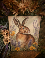 #HGC1104 Primitive Rabbit With Lavender & Buttercups Spring Canvas Print 8x10