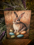 #HGC1106 Primitive Bunny With Eggs In Grass Spring Canvas Print 8x10