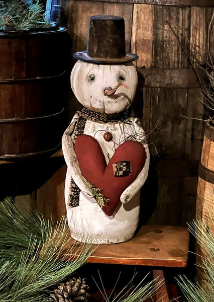 #DAW-MRSAW Primitive "Mr. Saw" Snowman Holding Heart