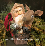 #HSBHR  Handmade Santa w/ Burlap Hat Holding Reindeer in Box