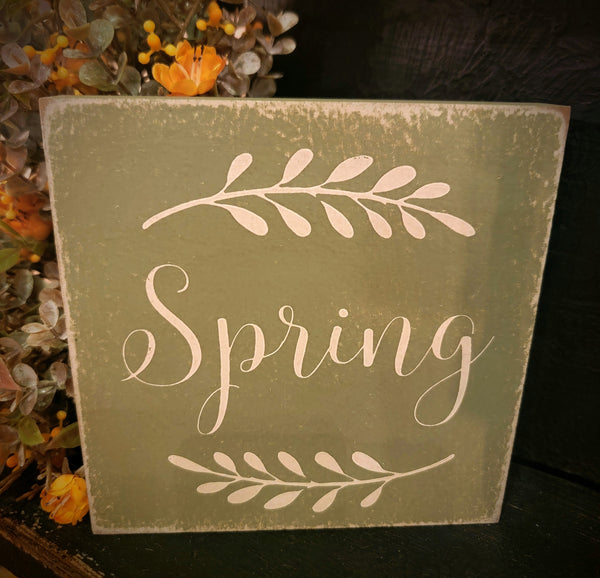 #10906  "SPRING" Sage Green 6x6 Inch Wood Block Sign