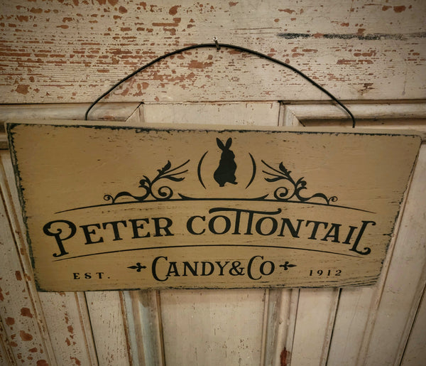 #WHSPCT-PW "Peter Cottontail" Hanging Wooden Sign-Pearwood - 5.5x11.5 Inches