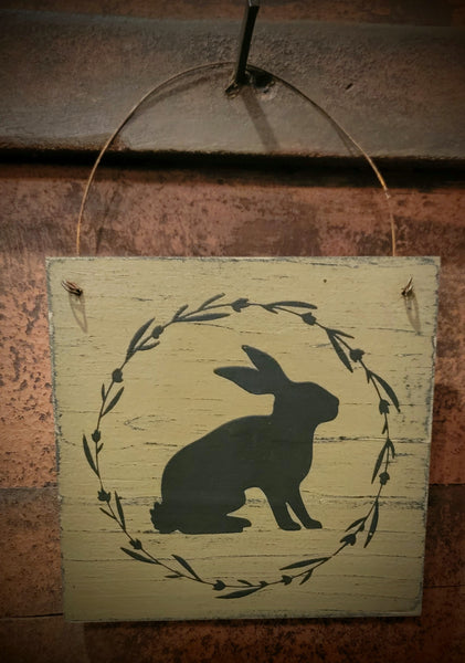 #WHWBW-PW Wire Bunny Hanging Wood Sign-Pearwood 5.5X5.5 inches