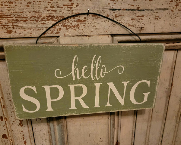 #WHHS "Hello Spring" Wooden Hanging Sign - Sage Green 5.5x11.5In